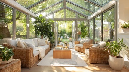 Fototapeta premium Modern sun-drenched seating area inside a glass-walled patio space