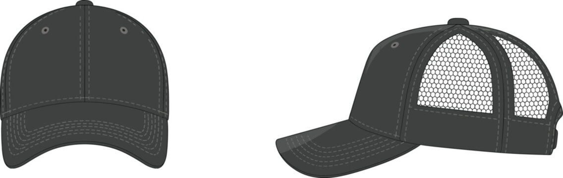 Baseball cap front and side view illustration, trucker hat with mesh back, realistic headwear design template for fashion, branding, mockups, and apparel customization