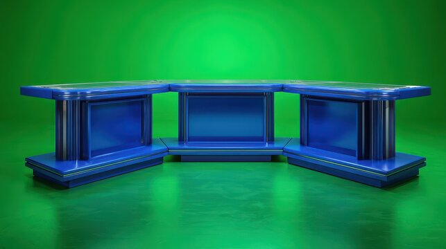 Modern Blue Broadcast Desk with Chroma Key Background: Triple-Angle Presentation for Virtual Studio