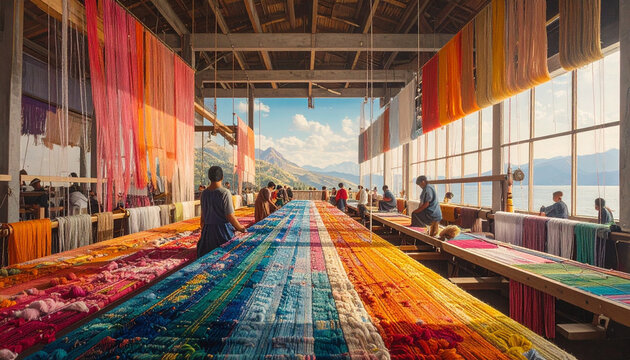 Textile workshop with colorful fabrics and workers in a bright setting