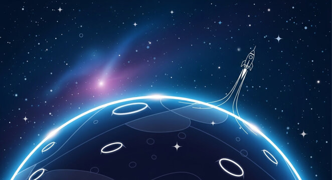 Rocket Launching From Futuristic Planet in Outer Space.