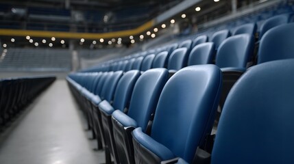 Fototapeta premium Rows of empty modern blue seats in a large stadium or arena viewed from a low angled perspective suggesting anticipation before an event
