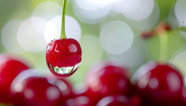 Extreme macro of single red cherry with water drop and window reflection on soft bokeh background