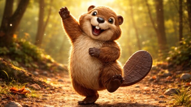 Joyful beaver dancing forest