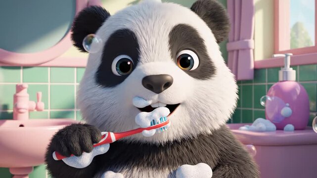 Animated panda brushing teeth in bathroom for dental hygiene education kids animation with cartoon style and friendly animal