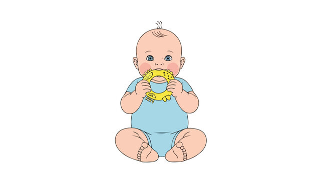 A cute baby in a blue onesie sitting down and chewing on a yellow toy teether