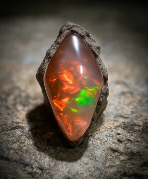 Fire Opal Cabochon Pair on Matrix &ndash; Macro Studio Shot, Polished fire opals with vivid green and red play-of-color on stone; glossy, high‑res macro product image for design and branding.