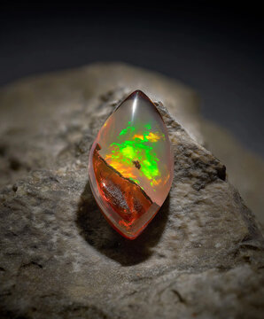 Fire Opal Cabochon Pair on Matrix &ndash; Macro Studio Shot, Polished fire opals with vivid green and red play-of-color on stone; glossy, high‑res macro product image for design and branding.