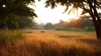 Fototapeta premium A tranquil meadow bathed in the warm golden light of sunset with trees framing the scene