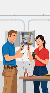 Two technicians working together to inspect and repair an open electrical panel