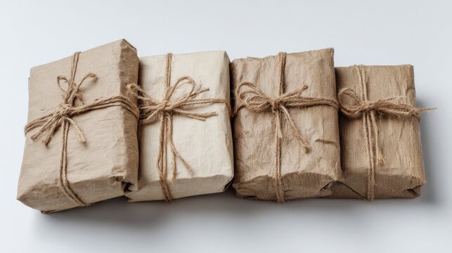 Brown packages tied with string sat on a white background.