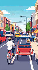 Fototapeta premium A bustling street scene featuring people on bicycles and a motorized rickshaw
