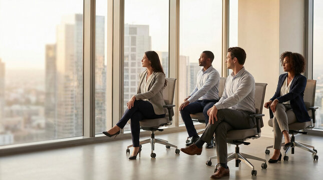Business team looking forward in bright office with city skyline, vision and leadership concept