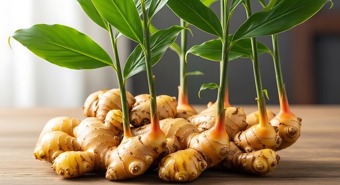 Fresh Ginger Rhizomes with Green Shoots on Wooden Surface.