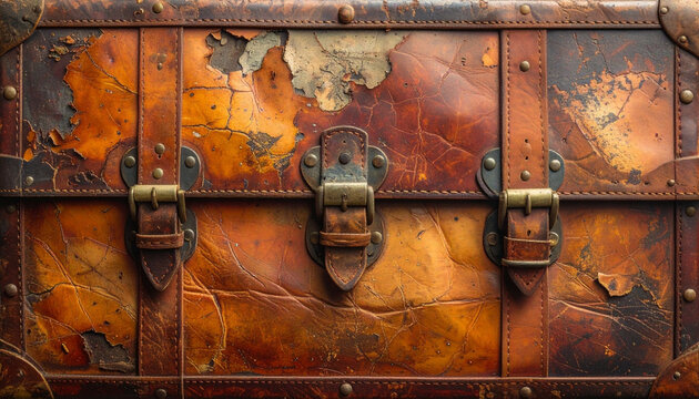 Vintage leather trunk with metal clasps and rivets antique travel storage