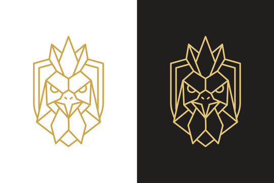 chicken head line art design features a gold outline against both white and black backgrounds for versatile use