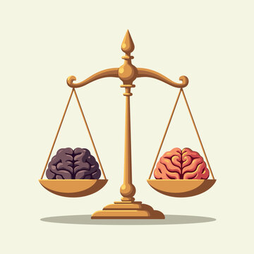 human brain on scales of justice for medical blogs, psychology sites, ethical dilemma presentations, mental health awareness, law and neurology infographics, with copy space