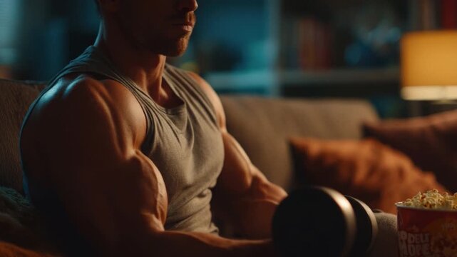 Strength and Leisure: A person is seen engaged in weightlifting while relaxing on the sofa, with a bowl of popcorn and lamp in the background.