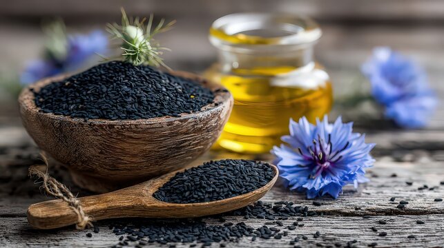 Wooden Bowl and Spoon Filled With Black Nigella Seeds Next to a Small Glass Bottle of Golden Oil and Blue Flowers on a Rustic Wooden Surface Detailed Macro Shot of Healthy Ingredient