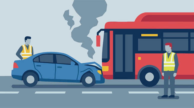 Car and bus collision on a street with two people wearing safety vests