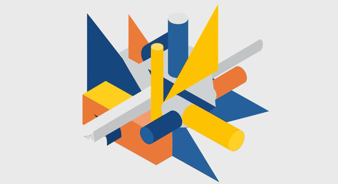 Abstract geometric composition with colorful shapes and lines.