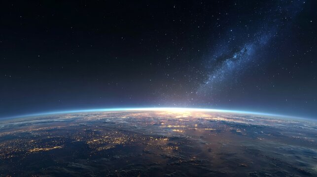 Earths Horizon Sunrise Over City Lights Under Milky Way Galaxy.