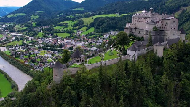 Austria Hohenwerfen Castle 4K Aerial Drone Approach Video Medieval Fortress in Alpine Mountains Close Up Fly In Scenic Travel Landmark Near Salzburg Werfen Europe