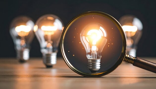 Concept of searching for answers with magnifier over bright bulb, representing innovation, analysis, and discovery.
