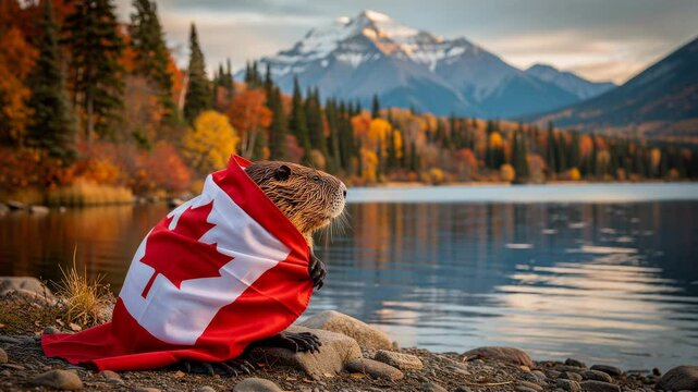 Beaver wrapped in Canadian flag by serene lake with autumn forest and snowy mountain in background
