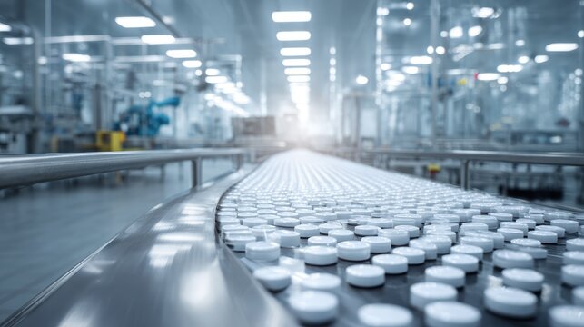 Pills on a conveyor belt in a clean pharmaceutical manufacturing facility