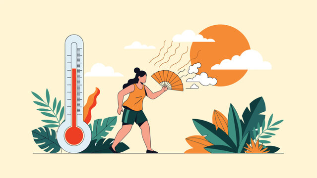 Woman fanning herself in intense heat near a large thermometer and scorching sun, depicting a heatwave and the struggles with high temperatures.