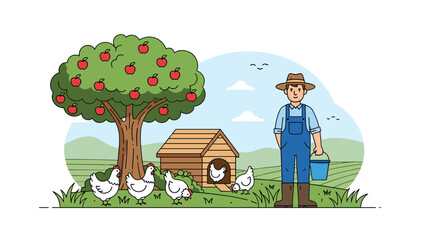 Fototapeta premium Farmer standing in a field next to an apple tree and a chicken coop with chickens, symbolizing rural life, agriculture, and sustainable farming.
