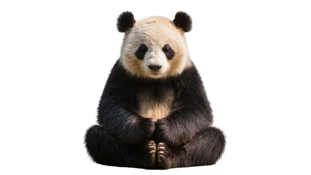 Fluffy giant panda bear sitting peacefully, isolated on transparent background