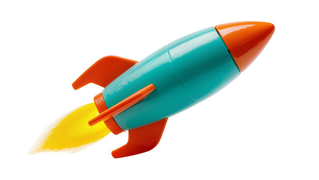 Turquoise and orange toy rocket ship with yellow flame, isolated on transparent background