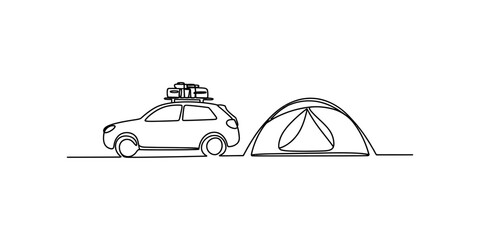 A single continuous line drawing of a small car with luggage on the roof parked near a camping tent Vector, illustration © Shreemoti