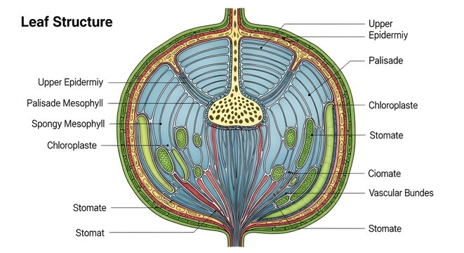 Detailed Cross Section Diagram of Leaf Structure and Internal Tissues.
