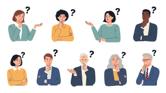 Diverse group of men and women of various ages with question marks above their heads, symbolizing confusion, doubt, and critical thinking.