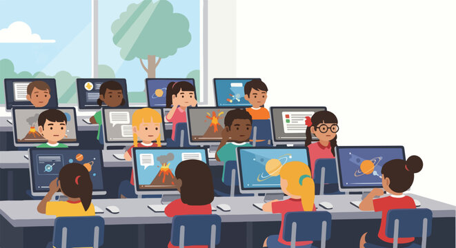 Diverse students sit at computer stations in a bright, modern school classroom