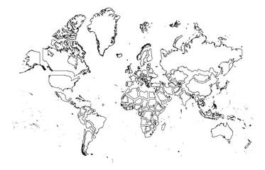 Obraz premium World map vector disjoint exploded puzzle blueprint wireframe outline only un filled mercator projection global geography cartography international boundaries modern graphic design isolated template