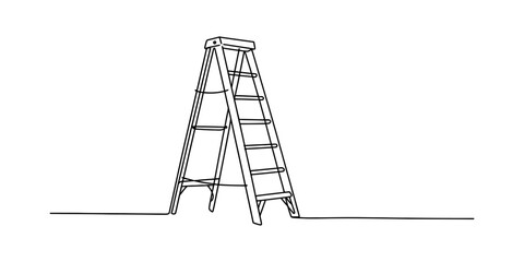 A continuous line drawing illustration of a stepladder standing on a flat white background floor Vector, illustration © Shreemoti