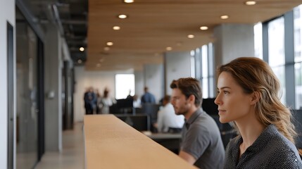 Fototapeta premium Two professionals in a modern office environment looking intently to the side with a sense of focus and purpose highlighting a contemporary workspace