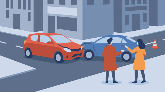 Car Accident Illustration: Two Damaged Vehicles and People Discussing Incident