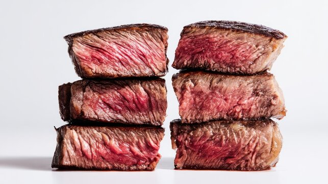 Stacked, cross-sectioned steak pieces showcasing internal texture and medium-rare doneness