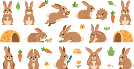 Professional Cute Rabbit and Bunny Vector Set Featuring Cartoon Hares Eating Carrots Jumping and Sitting for Nature and Children Designs © sojibislam