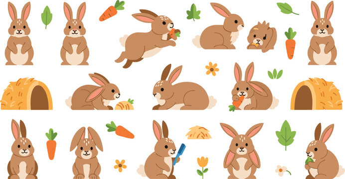 Professional Cute Rabbit and Bunny Vector Set Featuring Cartoon Hares Eating Carrots Jumping and Sitting for Nature and Children Designs
