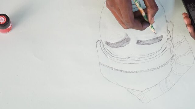 Calm creator designs with pencils. Tranquil studio environment lit naturally as creator works diligently. Peaceful artist carefully shades dark brows and masks in softly illuminated workspace