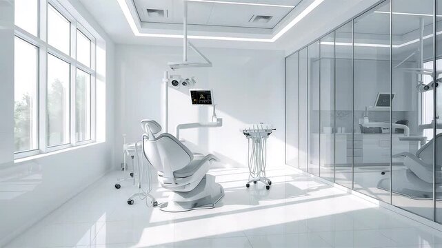 Modern dental clinic interior with white patient chair bright windows and glass partition walls in clean treatment room