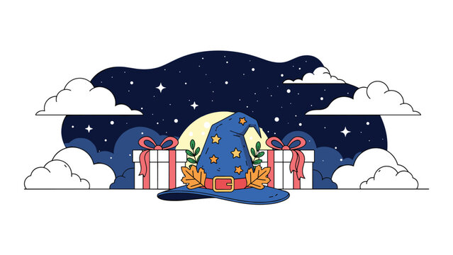 Enchanting illustration featuring a magical witch hat adorned with stars and leaves, surrounded by beautifully wrapped gifts under a moonlit, starry night sky with clouds.