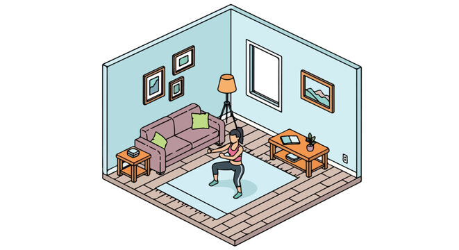 An isometric illustration of a woman doing squats inside a cozy living room area