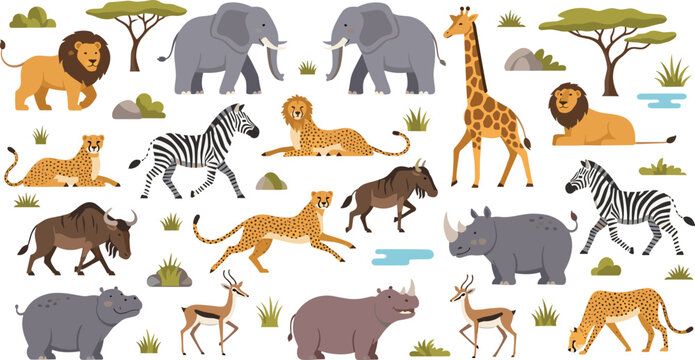 Professional African Wildlife and Safari Animals Vector Set Featuring Lions Elephants Giraffe Zebras Cheetahs and Rhinoceros for Nature Designs